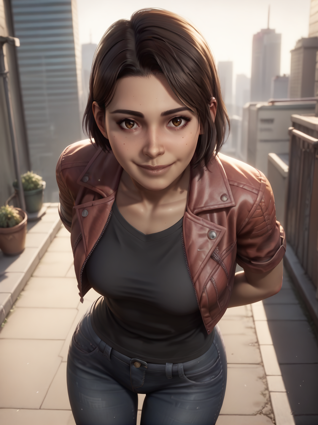 score_9, score_8_up, score_7_up,,
1girl, solo, dynamic pose, dynamic angle, arms behind back, outdoors, light smile, cowboy shot, dutch angle, medium breasts, from above, sexy pose, looking at viewer, city, leaning forward, 
<lora:AMioSplitFiction_character:1>, short hair, brown hair, brown eyes, red open jacket, black shirt, denim pants, <lora:Realistic_2.5DAnime_Merge1:0.6>