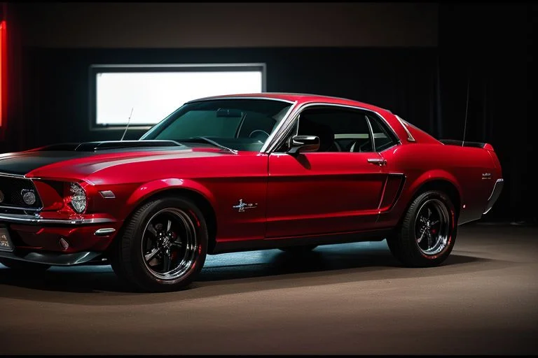 cars fantastic red, [ford mustang], speed, intricate detail ,dark background , HD. Photograph , in table((realism)), extremely high quality RAW photograph, ultra detailed photograph, sharp focus, high resolution, (detailed skin:1,3),high quality, film grain, Fujifilm XT3,Highly Detailed, movie, (Cinematic Photo:1.3) of (Realistic:1.3)