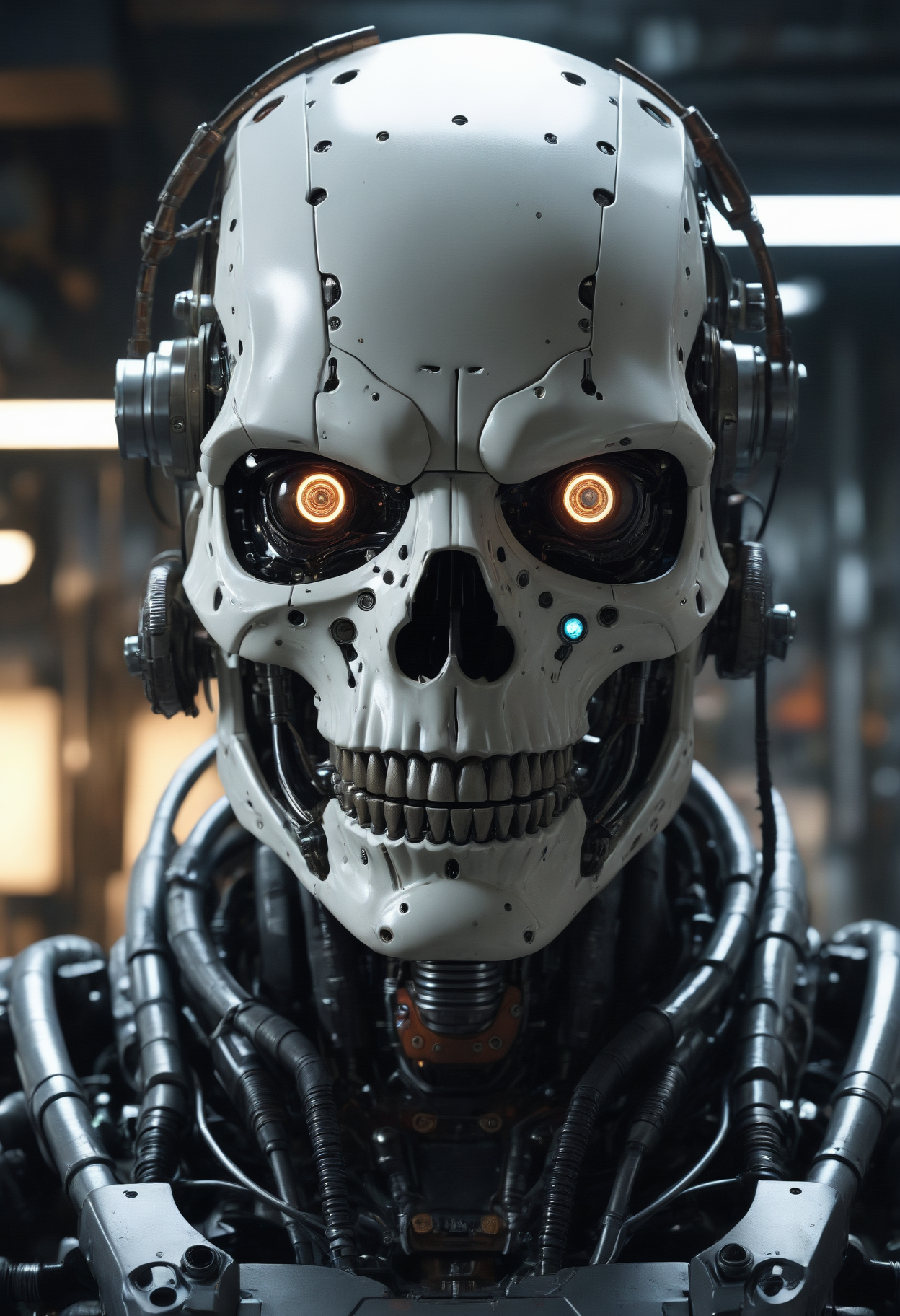 Cyberpunk, sci-fi, dark-fantasy, kodak portrait 400, 8k, soft light, volumetric lighting, highly detailed, britt marling style 3/4, portrait photo of a war man cyborg robot in a chemical laboratory + face, face is skullbone with scares, intricate, elegant, highly detailed, devil-armor, 2D motifs detailed dark fantasy digital painting, artstation, concept art, smooth, sharp focus, illustration, art by Otomo Katsuhiro and ShirÅ Masamune and Oshii Mamoru. Cosmic light in backfront