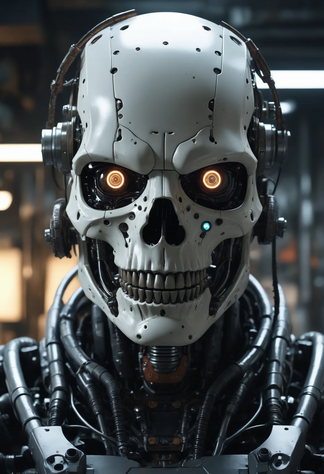 Cyberpunk, sci-fi, dark-fantasy, kodak portrait 400, 8k, soft light, volumetric lighting, highly detailed, britt marling style 3/4, portrait photo of a war man cyborg robot in a chemical laboratory + face, face is skullbone with scares, intricate, elegant, highly detailed, devil-armor, 2D motifs detailed dark fantasy digital painting, artstation, concept art, smooth, sharp focus, illustration, art by Otomo Katsuhiro and ShirÅ Masamune and Oshii Mamoru. Cosmic light in backfront