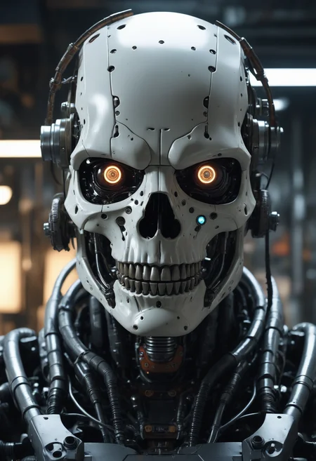 Cyberpunk, sci-fi, dark-fantasy, kodak portrait 400, 8k, soft light, volumetric lighting, highly detailed, britt marling style 3/4, portrait photo of a war man cyborg robot in a chemical laboratory + face, face is skullbone with scares, intricate, elegant, highly detailed, devil-armor, 2D motifs detailed dark fantasy digital painting, artstation, concept art, smooth, sharp focus, illustration, art by Otomo Katsuhiro and ShirÅ Masamune and Oshii Mamoru. Cosmic light in backfront