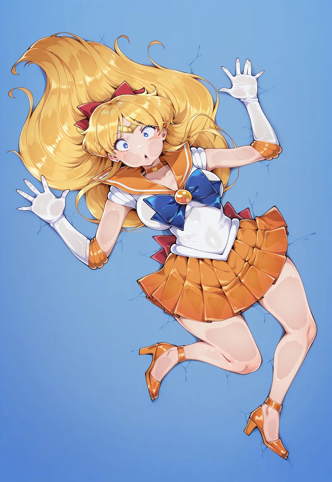 ,masterpiece,extremely detailed,best quality,amazing quality,newest,absurdres,highres, super detailed skin,1 girl, sailor venus,aino minako,elbow gloves,back bow,red bow,circlet,gloves,,long hair,pleated skirt,blue eyes,blonde hair,white gloves,orange skirt,hair orange choker,solo,orange sailor collar,paper thin, flattened girl, flattened, surprised, screenko, full_body,(dynamic angle:1.1), blue_background