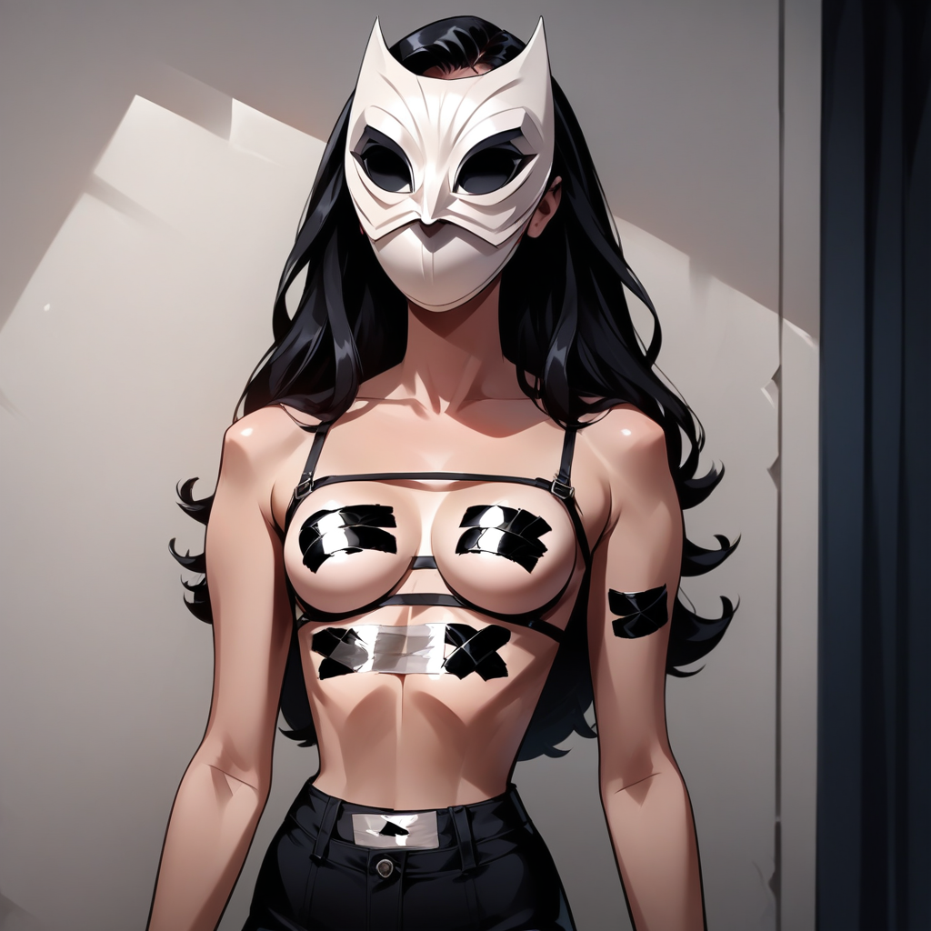 score_9, score_8_up, score_7_up, score_6_up, score_5_up, score_4_up, source_anime, masked_woman, m4skedw0m4n, (masterpiece), high quality, 4k, Artist style: Bruce Timm, DCAU, DC comics, Western Comics, BREAK, 1woman, Calendar Girl, (Page Monroe), long hair, black hair, lingerie:1.3,  ((black_tape_project:1.5)), petite, revealing clothing, (white mask), (mask:1.6), gloves, (black eyes:1.5), (no eyes:1.4)