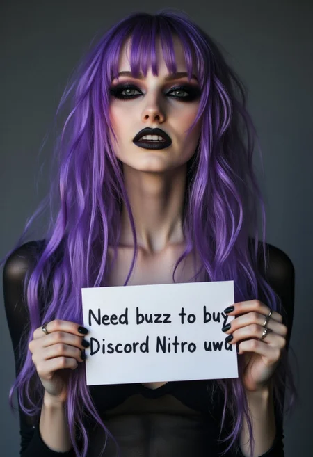 FictionalJade, scene girl with purple scene hair, heavy black eye makeup. Holding a sign saying "Need buzz to buy Discord Nitro uwu"