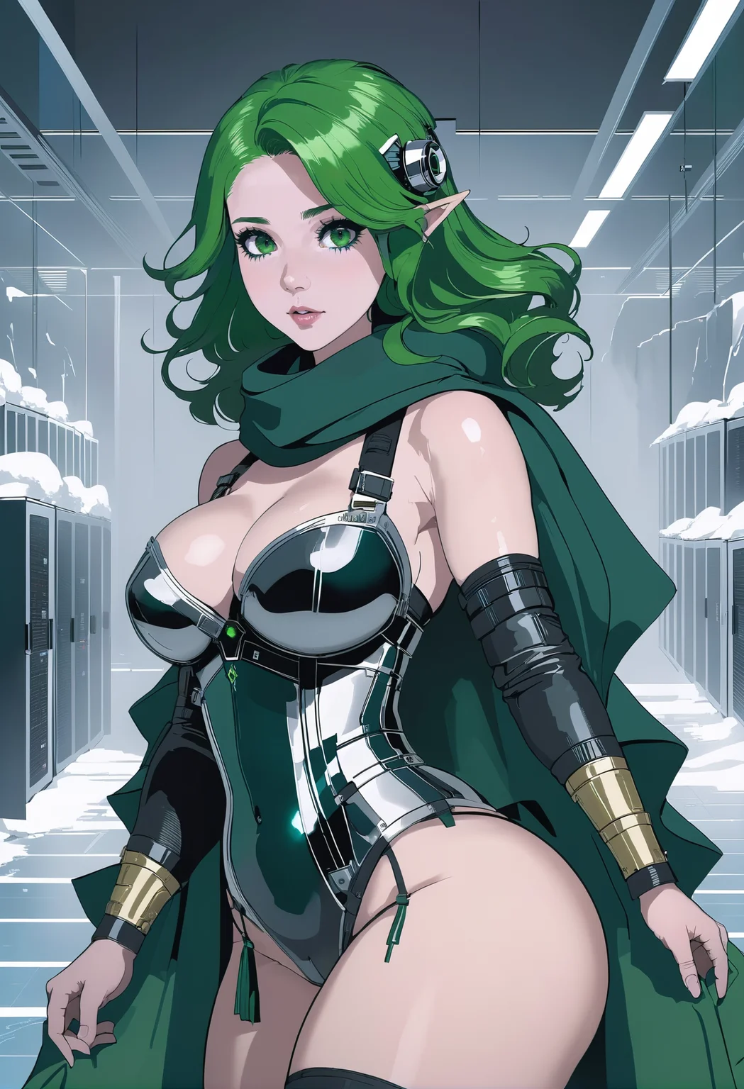 1girl, (void dervish cyborg:1.3), (in a frostpunk, wistful data center:1.3), scenery, (full body:1.4), deep multicolor hair, Retro Waves, , pastel green eyes, pose, [:revealing costume design:0.2], sitting,scarf, wide hips, narrow waist, tall, athletic toned hourglass figure,skindentation, (armor:1.2),
