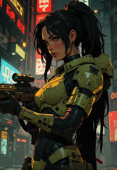 magnificent, closeup portrait, female bounty hunter, braided black hair, futuristic armor, halo spartan, spartan armor, sexy, curvy, large breasts, large ass, aiming a sniper rifle, sniper rifle, aiming rifle, holstered pistol, Cyberpunk City, Neon Lights, foreshortening,
solo,
Cowboy Shot, close up, from above,