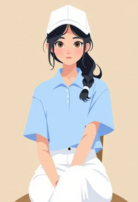 anime, cartoon, 2d flat illustration, portrait photo of a young woman, with black hair in ponytail and brown eyes, wearing a white baseball cap, light blue polo tshirt and white pants sitting on a chair with her legs crossed