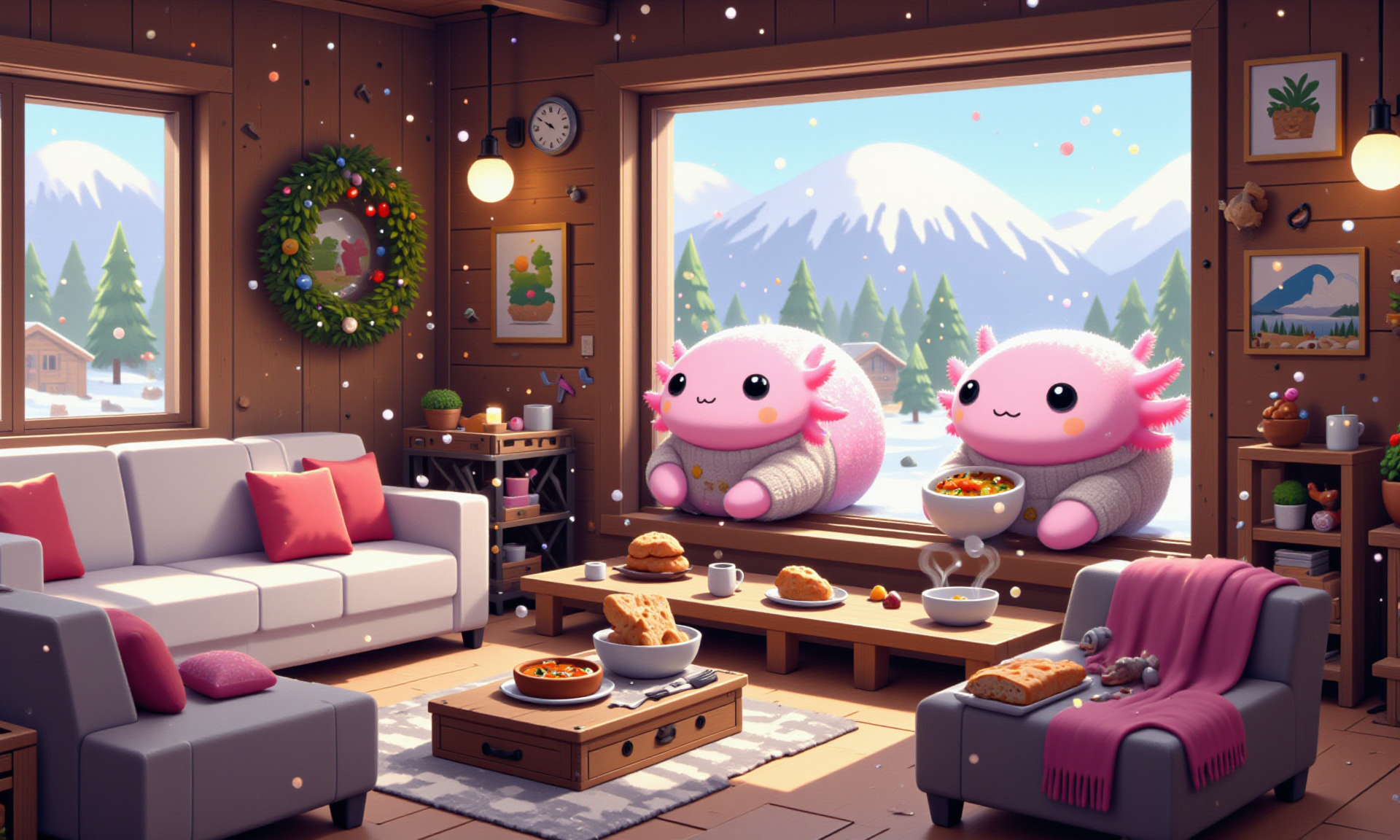 digital illustration in a vibrant, cartoon style, featuring (SUBJECT), axolotl, image of tiny cute anthropomorphized axolotls with pink frilly gills and round black eyes,  close-up of a pink axolotl curled up by a frosty window in a cozy mountain lodge, dressed in a fluffy sweater and holding a small steaming bowl of stew; its round black eyes reflect the snow-covered peaks outside, and its frilly gills are tucked close for warmth; on the table beside it are a mini slice of sourdough bread and a small candle casting a warm glow; tilt-shift effect blurs the background of thick log walls, hanging lanterns, and plush blankets, capturing the comforting solitude of a winter retreat<lora:Axomodel_Flux_V2.safetensors:1.0:1.0> <lora:Katamari_Damacy_Style_FLUXCaption-000015.safetensors:1:1>