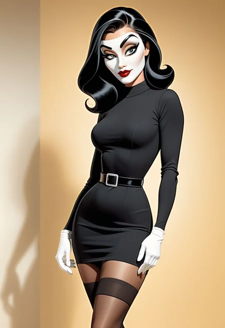 (masterpiece), high quality, 4k, Artist style: Bruce Timm, DCAU, DC comics, Western Comics,
BREAK, 1woman, Calendar Girl, (Page Monroe), long hair, black hair, skintight clothing, long-sleeved dress, black dress, black tights, petite, (white mask), (mask:1.6), (monochromatic outfit), gloves, eyes covered,