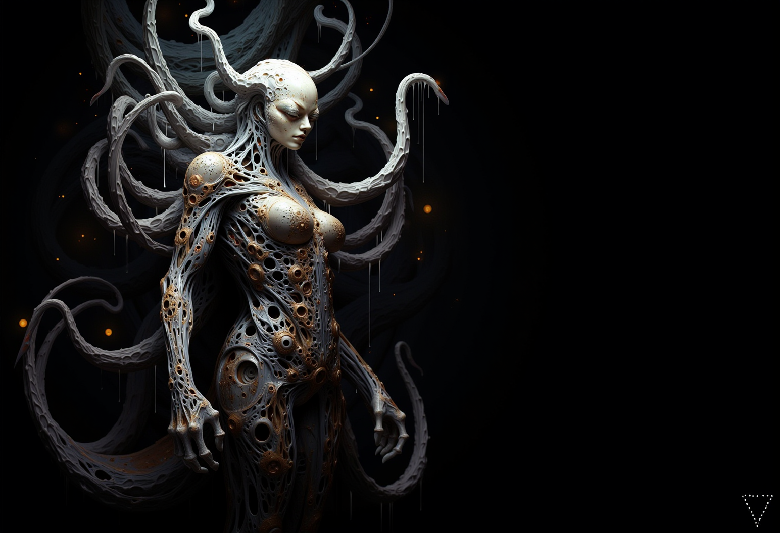 bv-mychorwo, mycelium, horror,. a twisted mycelium queen with elongated limbs wrapped in shifting, glowing spores that hint at parasitic life, captured in haunting, claustrophobic ambiance that makes the creature appear almost alive, surrounded by tendrils creeping towards the viewer, hinting at malevolent intent| A full-body shot of a bio-mechanical fungus deity with gnarled fungal armor that seems to be devouring the creatureâs flesh, standing in a dark, dripping fungal nest echoing with cries of agony, featuring organic, wet surfaces that glisten with rot and corruption, rendered as a surreal, mind-twisting artwork influenced by H.R. Giger and Lovecraftâs darkest imaginings| A surreal fungal entity resembling a humanoid figure with mushroom-like growths violently tearing through the skin, seeping luminous, toxic ooze, set against a fungal cave where shadows shift and move unnaturally, depicted with iridescent, glistening highlights reflecting off its slimy, decayed surface, inspired by the darkest elements of body horror and ancient mythos} , <lora:bv-mycelium-horror-world-v1.safetensors:1.0:1.0>