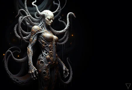 bv-mychorwo, mycelium, horror,. a twisted mycelium queen with elongated limbs wrapped in shifting, glowing spores that hint at parasitic life, captured in haunting, claustrophobic ambiance that makes the creature appear almost alive, surrounded by tendrils creeping towards the viewer, hinting at malevolent intent| A full-body shot of a bio-mechanical fungus deity with gnarled fungal armor that seems to be devouring the creatureâs flesh, standing in a dark, dripping fungal nest echoing with cries of agony, featuring organic, wet surfaces that glisten with rot and corruption, rendered as a surreal, mind-twisting artwork influenced by H.R. Giger and Lovecraftâs darkest imaginings| A surreal fungal entity resembling a humanoid figure with mushroom-like growths violently tearing through the skin, seeping luminous, toxic ooze, set against a fungal cave where shadows shift and move unnaturally, depicted with iridescent, glistening highlights reflecting off its slimy, decayed surface, inspired by the darkest elements of body horror and ancient mythos} , <lora:bv-mycelium-horror-world-v1.safetensors:1.0:1.0>