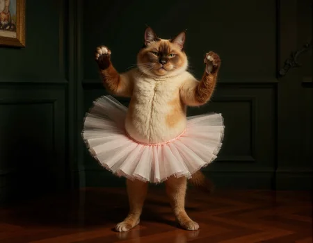 Da Vinci style <lora:funnys:0.7>, This is a high-resolution, CGI-rendered photograph of a fluffy, red tortoise and white siamese cat dressed in a ballet tutu. The cat is depicted mid-ballet pose, with one paw raised elegantly in the air, and the other firmly planted on the floor. The tutu is a soft, pastel white, adding a whimsical and playful element to the image. The cat's fur is meticulously detailed, showcasing its fluffy texture and the intricate patterns of its fur, including the distinctive markings on its face., The background features a dark green wall with elegant wainscoting, adding a classic and sophisticated atmosphere to the scene. On the wall to the left, there is a framed photograph of another cat, which adds to the whimsical and humorous theme of the image. The floor is made of polished, dark wooden planks, which contrast with the light colors of the cat and tutu. The overall composition and lighting create a warm and inviting environment, emphasizing the playful and humorous nature of the scene. The image captures the essence of a cat's natural grace and charm, combined with a whimsical, human-like pose and attire, making it a humorous and endearing portrayal . Realistic, sfumato, detailed, chiaroscuro, "abstract