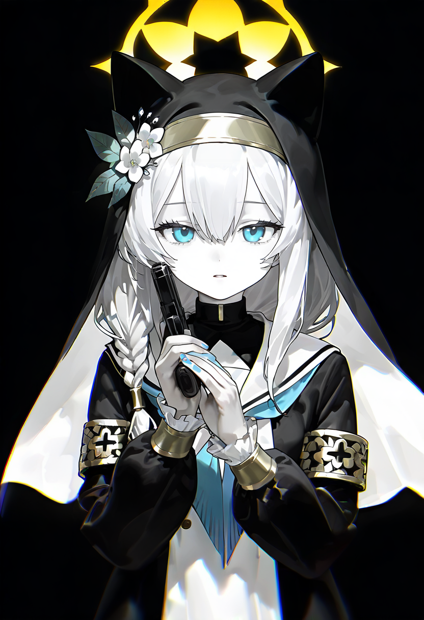 1girl,mari \(blue archive\),blue archive,animal ears,black background,chromatic aberration,greyscale,gun,habit,hair ornament,halo,handgun,leaf,leaf hair ornament,looking at viewer,monochrome,nail polish,neckerchief,nun,solo,weapon,holding weapon,simple background,long hair,upper body,fingernails,single epaulette,flower,sailor collar,hair between eyes,eyelashes,sidelocks,blue neckerchief,hair flower,holding gun,braid,single braid,straight-on,long sleeves,yellow halo,spot color,double-breasted,holding,blue nails,white sailor collar,buttons,hairband,animal ear headwear,hand up,parted lips,veil <lora:nyaliaXL_NBVP1_lokr_V6311PZ:0.95>