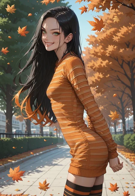 safe_pos, score_9, score_8_up, score_7_up, score_6_up. 1girl, jl33, multicolored hair, Very long black hair with orange streaks, a lot of orange streaks, silk like hair, bright green eyes, pale clean skin, small breasts, perfect eyes, SwDrRH, sweater dress, striped dress, (black-withe striped thighhighs), orange-white sweater, standing up, cowboy shot, outdoors, autumn, falling leaves, smiling, side view, bent over, hands behind back, 