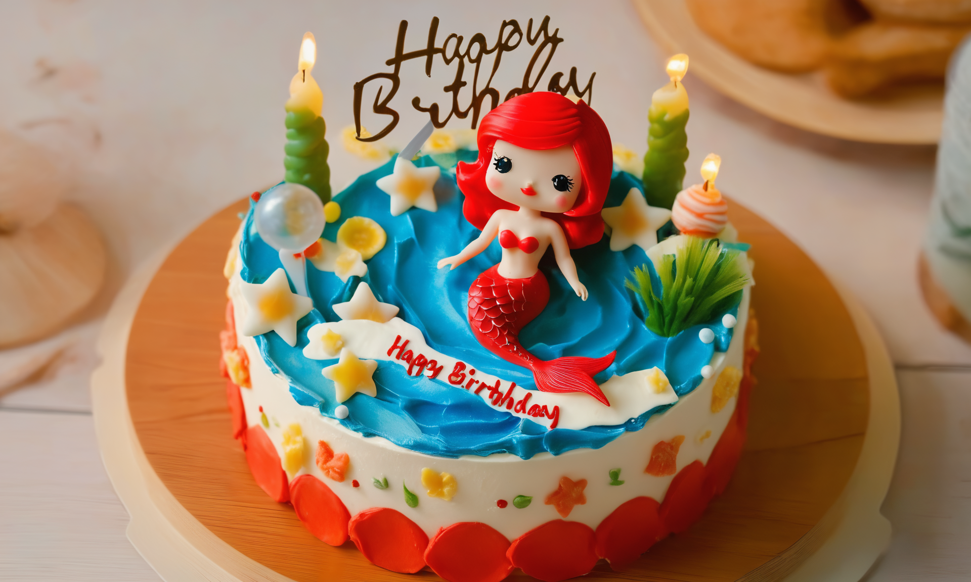 gourmet food photo of <lora:cakecd_xl-000005:0.8>,a single tiered round cakecd_xl was placed on dining-table,there is a lot of underwater on the cakecd_xl,and on the top was cute cream mermaid with lots of birthday candles,and that says "Happy Birthday",fine art,detailed,indoors,chinese zodiac,tilt-shift,miniature,cute and lovely,still life,from front,looking at viewer . soft natural lighting,macro details,vibrant colors,fresh ingredients,glistening textures,bokeh background,styled plating,wooden tabletop,garnished,tantalizing,editorial quality,8K,HDR,UHD,masterpiece,best quality,highly detailed,high resolution,finely detail,extremely detailed,ultra detailed,wallpaper