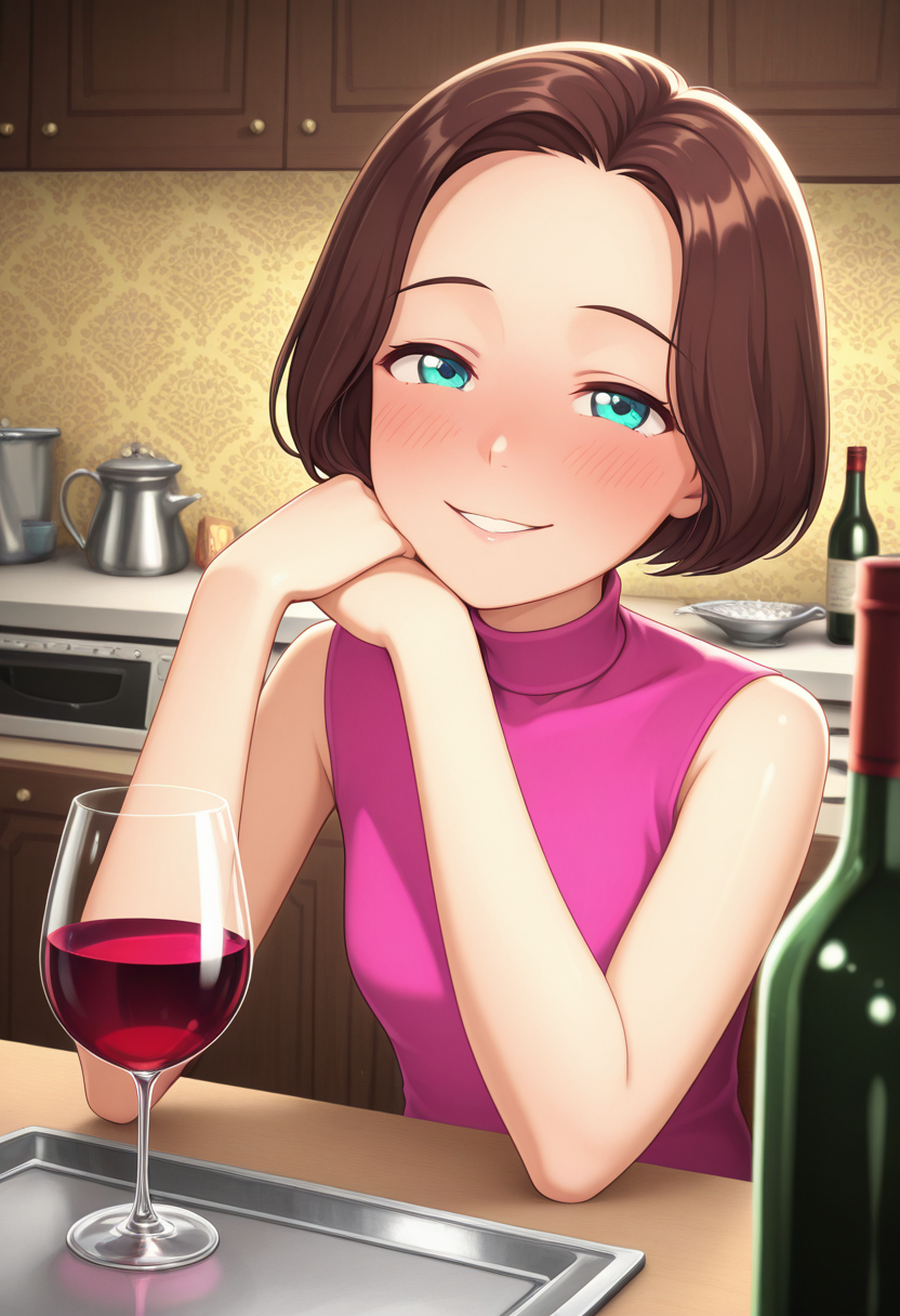 Graphic Design, color art, vibrant colors, colorful, intricate details, high contrast, detailed background, beautiful detailed, beautiful face, detailed eyes, detailed face, new, 1girl, solo, lyub0v, short hair, brown hair, aqua eyes, pink sleeveless turtleneck, sitting, table, kitchen, looking at viewer, smile, drunk, upper body, wine bottle, holding wine glass, head resting on arm, parted lips,, (masterpiece, best quality, newest, recent, absurdres),