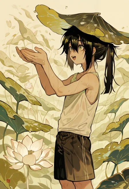 1boy, arms up, cupping hands, black hair, black shorts, flower, green theme, hair between eyes, happy, leaf, leaf on head, long hair, lotus, lotus leaf, open mouth, ponytail, shorts, smile, tank top, water, water drop, white flower, simple background,
masterpiece, best quality, amazing quality, absurdres, newest,
<lora:tsubonari:1>