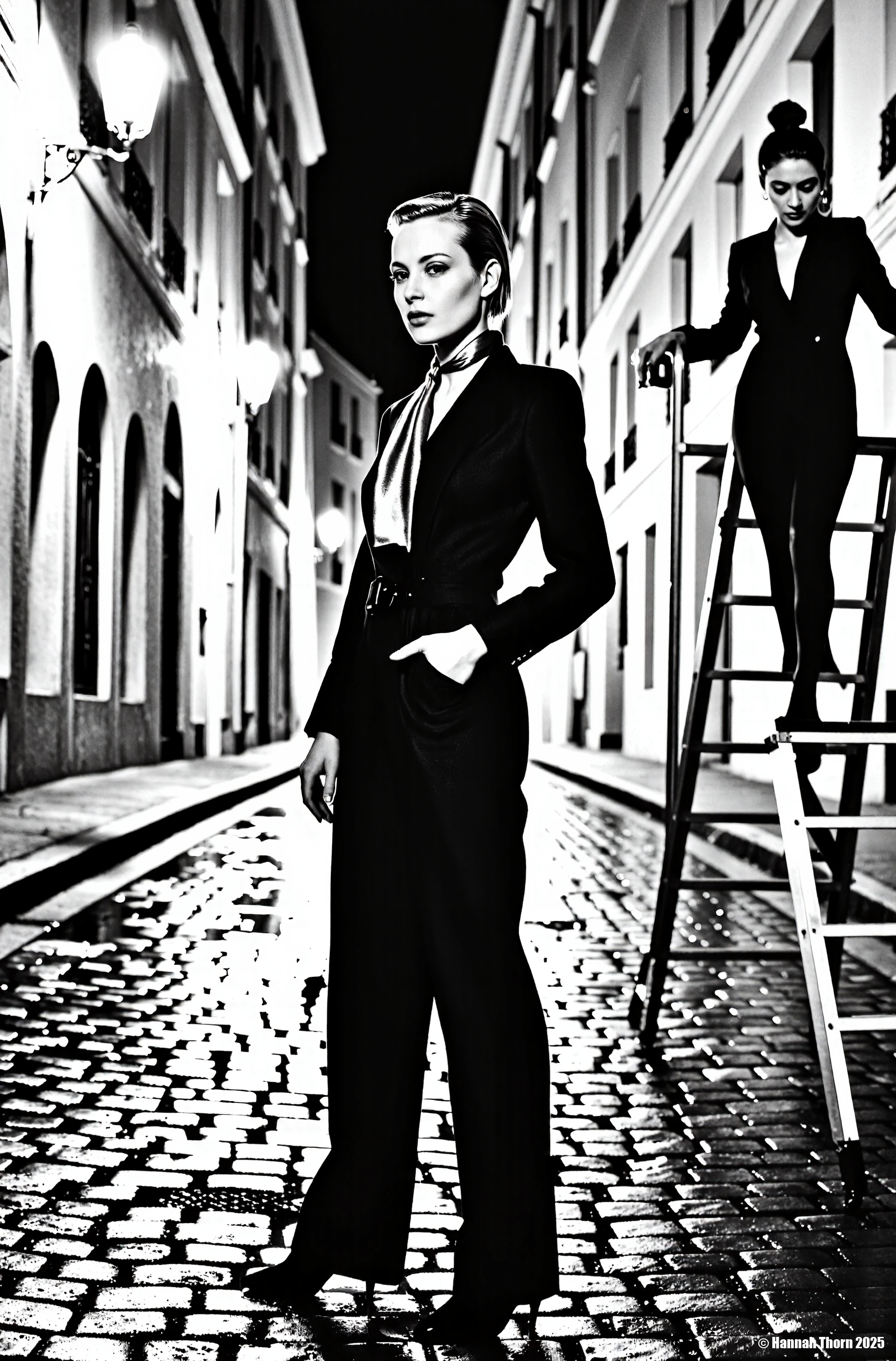 A realistic black and white photograph of a narrow, cobblestone street at night in Paris, France, lit by soft, diffused streetlights. In the foreground, a tall, slender woman with short, slicked-back hair stands confidently in a tailored suit with a silk scarf, her hand casually in her pocket. Beside her, a woman with her hair in a bun is standing on a ladder, looking down. The wet cobblestones reflect the soft glow of the streetlights, adding depth and texture to the scene. The architecture consists of old buildings with arched windows and ornate details, casting long, dramatic shadows. The overall mood is nostalgic and elegant, reminiscent of classic French cinema. The photo is captured with a shallow depth of field, emphasizing the subjects while blurring the background slightly, enhancing the timeless quality of the scene., <lora:_Flux\_Photographer\Helmut_Newton-000001.safetensors:0.8300000000000002:0.8300000000000002> <lora:_Flux\_Skin_Appearance\detailifier_flux-000006.safetensors:0.8300000000000002:0.8300000000000002>, A captivating portrait of a woman lying back, her head tilted upwards in a moment of serene repose, captured in a high-contrast black and white photograph, the soft, diffused lighting accentuating the smooth contours of her neck and shoulder, a delicate black strap hinting at her attire, the background a blur of dark wood paneling, the overall composition evoking a sense of timeless elegance and quiet intimacy, shot with a Hasselblad camera and a Zeiss Planar 80mm f/2.8 lens, the film grain adding a touch of vintage charm, reminiscent of the iconic works of Peter Lindbergh and Herb Ritts, the model's expression conveying a sense of vulnerability and strength, the image exuding a classic Hollywood glamour, the sharp focus on her face drawing the viewer in, the subtle shadows adding depth and dimension, a masterpiece of photographic artistry, trending on artstation., <lora:_Flux\_Photographer\Helmut_Newton-000001.safetensors:0.8300000000000002:0.8300000000000002> <lora:_Flux\_Skin_Appearance\detailifier_flux-000006.safetensors:0.8300000000000002:0.8300000000000002><lora:_Flux\_Photographer\Helmut_Newton-000001.safetensors:0.8300000000000002:0.8300000000000002> <lora:_Flux\_Skin_Appearance\detailifier_flux-000006.safetensors:0.8300000000000002:0.8300000000000002>
