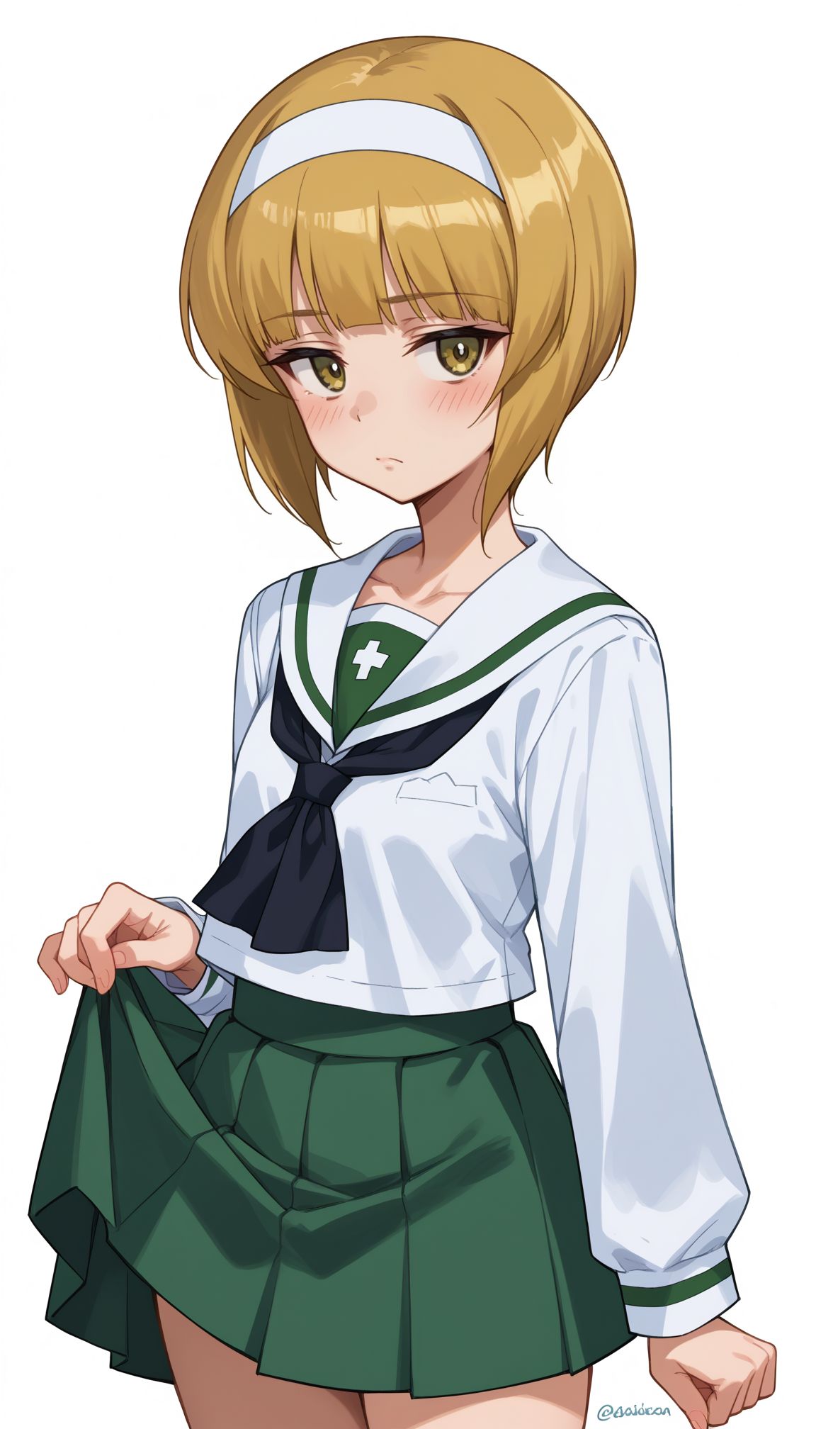 score_9, score_8_up, score_7_up, source_anime, 
Cutlass _Girls_und_panzer, 1girl, ooarai school uniform, pleated skirt, blonde hair, white background, green skirt, short hair, standing, white hairband, long sleeves, white shirt, serafuku, closed mouth, looking at viewer, simple background, miniskirt, blouse, blunt bangs, twitter username, yellow eyes, skirt hold, one-hour drawing challenge, black neckerchief, blush, light frown, dated, reizei mako, alternate costume, white sailor collar, bob cut, cowboy shot
 <lora:Cutlass:1>