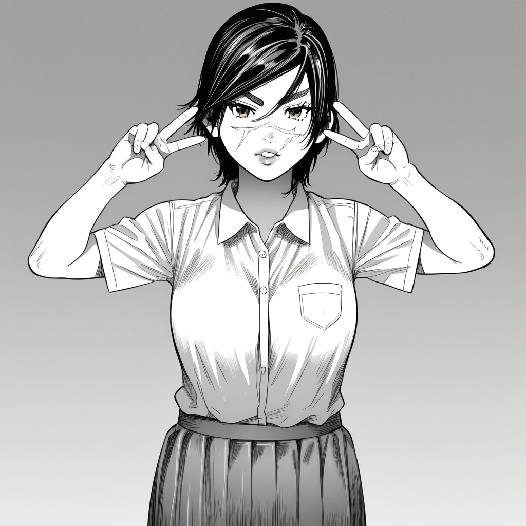 score_8_up, BREAK, SaichiSugimoto, 1girl, solo, black hair, short hair, brown eyes,  scar on face,  shirt, skirt, cowboy shot, double v,  <lora:female_SaichiSugimoto_PXL_Leaf1:1>, monochrome, greyscale,
