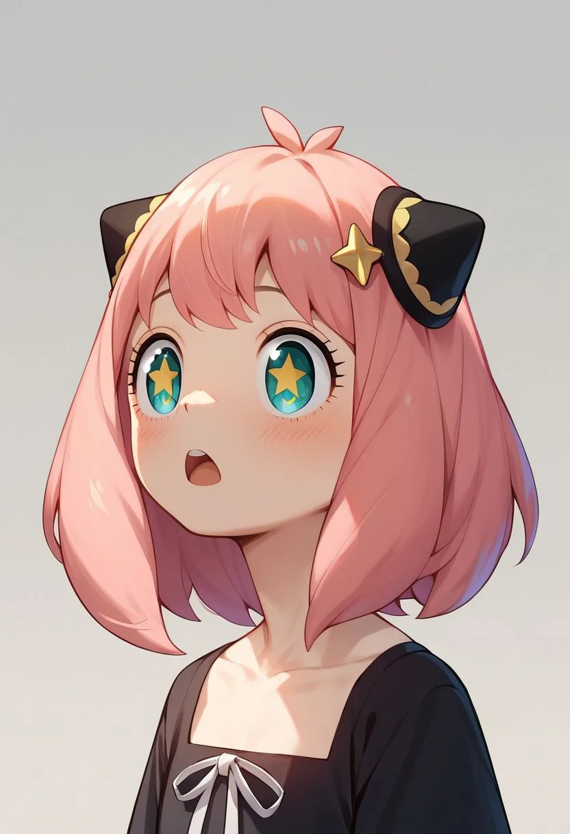 score_9, score_8_up, score_7_up, score_6_up, score_5_up, score_4_up, an_ya, pink hair, excite, petite, stars in eyes, portrait, black dress