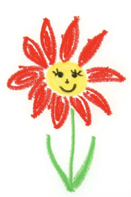 This image is a colorful, playful drawing, depicting a stylized flower with a cheerful, smiling face. The flower has a bright, vibrant red body with eight petals, each petal drawn with bold, expressive strokes. <lora:5yocrayon1_cap_d6a3e12:1.0><lora:822090937267164009:0>