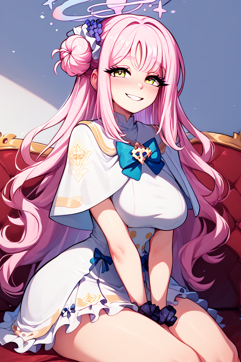score_9, score_8_up, score_8, medium breasts, (curvy), cute, eyelashes,      ,,, <lora:MikaMisono_BlueArchive_PDXL:1>, zzMika, pink hair, halo, yellow eyes, long hair, single side bun, hair flower, pink halo, hair ornament, white dress, blue bow, hair bun, scrunchie, white capelet,  ,,, hand between legs, blush, smug,  ,,,  smile, looking at viewer, blush, blurry, couch, sitting,   ,,, <lora:Afrobull_PDXL_v5:0.8>, ,  ,,, BREAK,   smile, looking at viewer, cowboy shot,   embedding:zPDXL, Expressiveh, <lora:SDXLFaeTastic2400:0.5>,  <lora:Expressive_H-000001:0.4>,