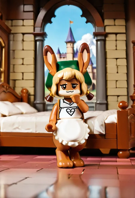 l3g0, best quality, masterpiece, amazing quality, very aesthetic, high resolution, ultra-detailed, absurdres, newest, os-pooka, chibi, furry, solo, female, lagomorph, short limbs, digitigrade, prick ears, brown fur, blonde, green pointed hat, apron only, white apron, brown eyes, half closed eyes, smile, :3, looking at viewer, looking side, standing, hand on mouth, detailed background, castle, bed,  <lora:os_Pooka_Illustrious:0.8>