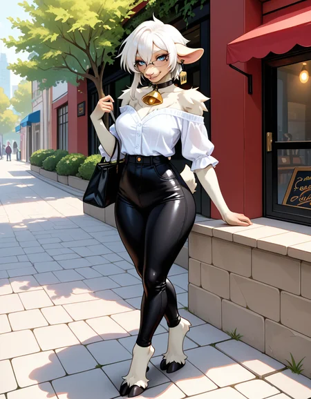 masterpiece, best quality, very aesthetic, absurdres,
outdoors, casual,
full body, posing,
seductive smile, parted lips, long eyelashes,
<lora:Wilma_v01_NAIXL:1>
W11m4,1girl,solo,furry,furry female,animal ears,earrings,ear tag,white hair,short hair,hair between eyes,blue eyes,glasses,snout,mole under eye,animal nose,black choker,neck bell,body fur,white fur,tail,hooves,
