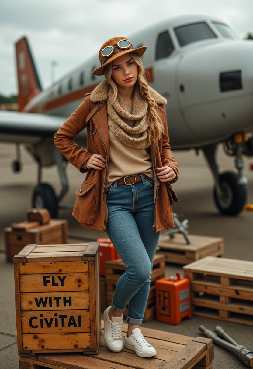 She is approximately 18 years old.she is standing, a vintage aircraft is in the background.  Hyperrealism, she is looking at the camera, (dynamic angles), headshots of a beautiful, stunning unique female character.  she has blonde hair. her eyes are filled with joy and excitement, extravagant eyelashes, a photo of Anastasia, a woman with blue eyes, wearing a brown leather jacket and a brown hat with goggles and leather jeans, posing for the camera. She is wearing a scarf and has a braid. The photo is in a sepia tone, giving it a vintage feel. The background is blurry, focusing on Anastasia as the main subject. She has a slight smile on her face and is looking directly at the camera. making this image a masterpiece of photography and digital art. realistic. making this image a masterpiece of photography and digital art. Style: realistic hyper-detailed rendering, 32k UHD, expressive eyes, punk, graphic design, girl's face, pretty and cute, gleaming lips, telling a tale of adventure. Exuding confidence and serenity. The overall mood of the image is happy and relaxed,detailed skin texture,(blush:0.2),(goosebumps:0.3),subsurface scattering,whimsical,Detailed hand, Perfect hand. Perfection style. is posing on a large wooden crate. On the crate is written "fly with CivitAI". she is wearing white sneakers. She is wearing a denim jeans. The scene is set outdoors, with a vintage plane visible in the background. The photo is taken in a close-up shot, focusing on  Anastasia legs and feet.. making this image a masterpiece of photography and digital art. realistic. making this image a masterpiece of photography and digital art. Style: realistic hyper-detailed rendering, 32k UHD, expressive eyes, punk, graphic design, girl's face, pretty and cute, gleaming lips, telling a tale of adventure. Exuding confidence and serenity. The overall mood of the image is happy and relaxed,detailed skin texture,(blush:0.2),(goosebumps:0.3),subsurface scattering,whimsical,Detailed hand, Perfect hand. Perfection style.