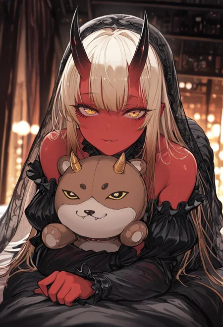 masterpiece, amazing quality, best quality, ultra-detailed, 8K, illustrating, CG, bioluminescent skin, ultra-detailed-eyes, detailed background, cute girl, eyelashes, lowlight
BREAK
sexy, slutty, hot, aroused, 
Aka-Oni, oni, colored skin, red skin, smooth horns, black horns
BREAK
(EyesHD:1.2), (4k,8k,Ultra HD), masterpiece, best quality, ultra-detailed, very aesthetic, sharp focus, depth of field, ray tracing, best lighting, detailed illustration, detailed background, cinematic, beautiful face, beautiful eyes, 
BREAK
detailed background, eyelashes, erotic, looking seductive, coy. dynamic action image, detailed face, detailed eyes, direct mesmerizing gaze, 
BREAK
 sharp_focus, detailed_eyes, looking_at_viewer, cutely, long_lashes, frilly_dress, veil_draped, opaque_tighhighs, chromatic_colors, circles, halftone_background, wind_effect, over-the-shoulder, side_glance, lying_down, hugging_stuffed_animal, half_up_half_down, blonde_hair, brown_hair,