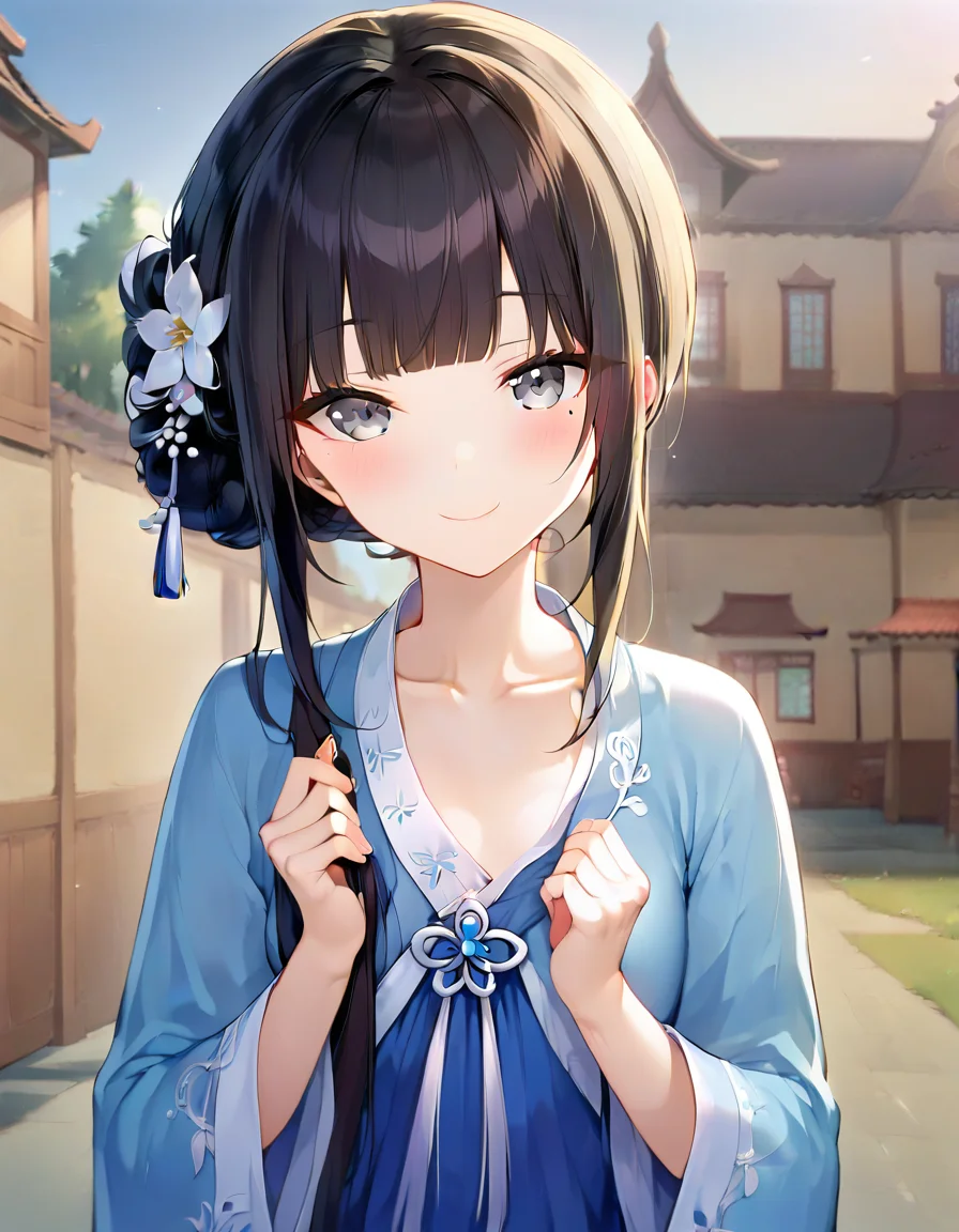 score_9,score_8_up,score_7_up,score_6_up BREAK official art,solo,outdoors,upper body,(portrait:1.5),looking at viewer,facing viewer,smile,blush,Mansui,long hair,single hair bun,black hair,hair ornament,hair flower,white flower,mole under eye,sidelocks,blunt bangs,grey eyes,collarbone,chinese clothes,hanfu,blue dress,long sleeves,wide sleeves,long dress,shoe dangle,<lora:Mansui(rthltlmd)-Pony:1.4>,<lora:Smooth Anime Style LoRA XL:0.8>,