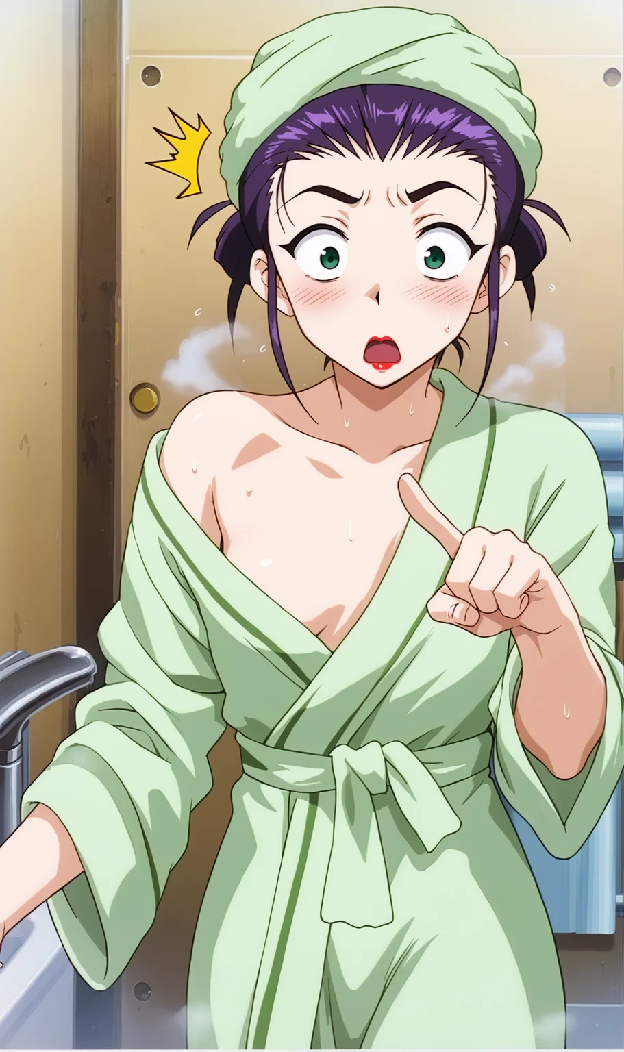 FV, 1girl, solo, purple hair, lipstick, hair updo, green eyes, towel on head, green bath robe, constricted pupils, surprised, open mouth, single hand pointing at viewer, sweat drops, bathroom, steam, blush, <lora:Faye Valentine Pony XL:0.8>