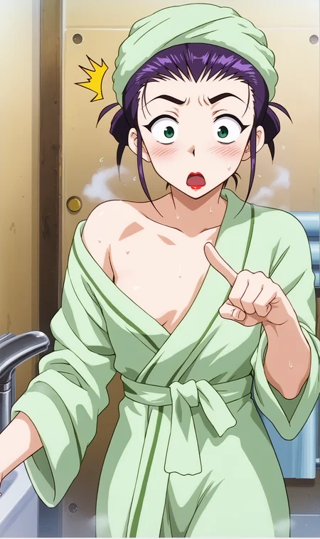 FV, 1girl, solo, purple hair, lipstick, hair updo, green eyes, towel on head, green bath robe, constricted pupils, surprised, open mouth, single hand pointing at viewer, sweat drops, bathroom, steam, blush, <lora:Faye Valentine Pony XL:0.8>