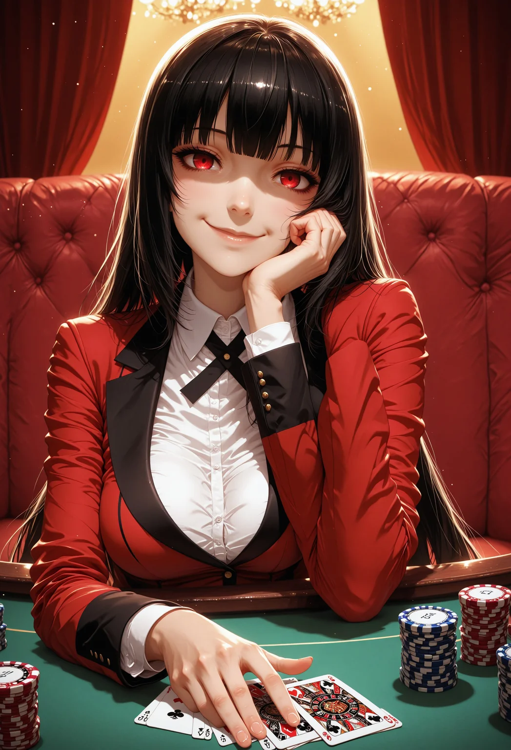 masterpiece,greasymeta,jabami_yumeko,kakegurui,1girl.solo,black hair,hyakkaou academy school uniform.red jacked,white colarred shirt,poker table,seating at red sofa,.playing poker,casino,holding multiple cards,upper body,seating,mischievous smile,shaded face,looking down,confident,,hand on own cheek,three quarter view,soft light,(((soft lighting)))