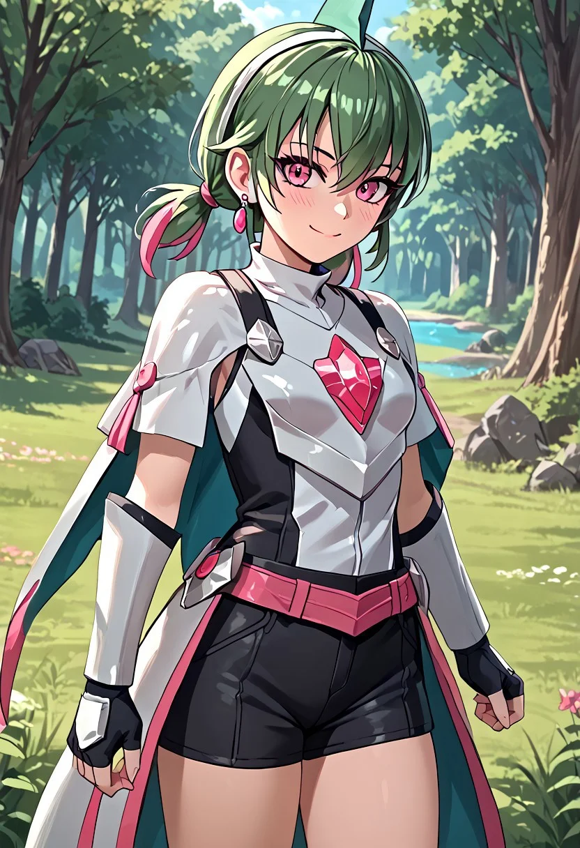 score_4,score_5,score_6,score_7_up,score_8_up,score_9 ((masterpiece,best quality,ultra detailed,highres,HD,4k:1.2)), 
1 girl,solo,face focus,
((ironvaliantsv,human girl)),
green hair,low twintails,pink eyes,
earrings,small breast,
Gauntlet,armor,
cape,shirt,sleeveress shirt,fingerless gloves,shorts,black shorts,jewelry,
outdoors,in the forest,day,
standing,
smile,.blush,light smile,