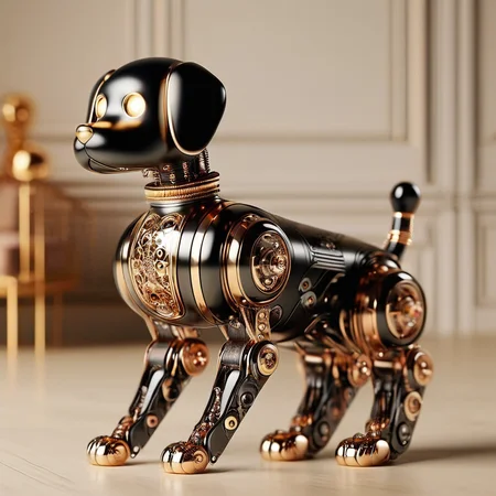RetroBG, robotic dog, glossy black, metallic gold, intricate engravings, mechanical details, ornate, luxurious, futuristic, classical aesthetic, technology, artistry, stylized, detailed craftsmanship, high-tech, imaginative, creative, sci-fi, decorative, sophisticated, elegant, stylish, unique design, collectible, modern <lora:RetroLuxe World Morph:1>