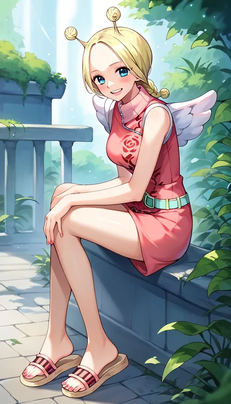 score_9, score_8_up, score_7_up, score_6_up, score_5_up, score_4_up, 1girl, conis, wings, blonde hair, antenna hair, twin braids, blue eyes, pink dress, turtleneck, green belt, sandals, looking at viewer, cute, <lora:Conis_v2:1>