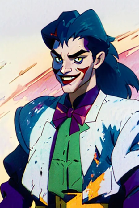 masterpiece, score_10, score_9, score_8_up, score_7_up, anime screencap, watercolor, ((DC comics joker:1.3)), (sugimori ken 1990s), (batman adventures), ((bruce timm style)), semi realistic, batman adventures, 1boy, the joker, dc comics, ((white skin:1.3)), ((bleached-white skin:1.3)), ((slicked-back black-green hair:1.3)), ((yellow sclera)), ((jaundiced eyes)), ((red irises:1.3)), dark red pupils, crazy eyes, dark eyes, bags under eyes, solo, male focus, looking at viewer, gloves, ((evil smile:1.3)), shirt, purple bow, dark background, dark mood, scary, purple jacket, upper body, long sleeves, green shirt, purple headwear, purple bowtie, evil grin, purple shirt, simple background, suit, laughing, formal <lora:batman_adventures_offset:1> divinesplatter, watercolor