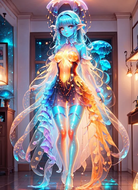 ((best quality)), ((highly detailed)), absurdres, detailed face, beautiful face, (detailed eyes, deep eyes), <lora:more_details:.3>, (1girl), dynamic pose, cowboy shot, ((very wide shot)), (((jellyfish girl))), jellyfish tentacles, (((monster girl))), <lora:ColoredSkin:.4>, colored skin, (aqua colored skin), (((tentacle hair))), (colorful hair), (internal glow), bioluminescent, (((transparent skin:1.5))), ((translucent hair)), ((tentacle legs)), medium breasts, <lora:bioluminescent_dress:.8>, bioluminescent dress, <lora:EraseGroinSkirt:1>, barefoot, underwater, (indoors, in a dining room), <lora:sun-moon-style-v1:1>, sunmoonstyle
