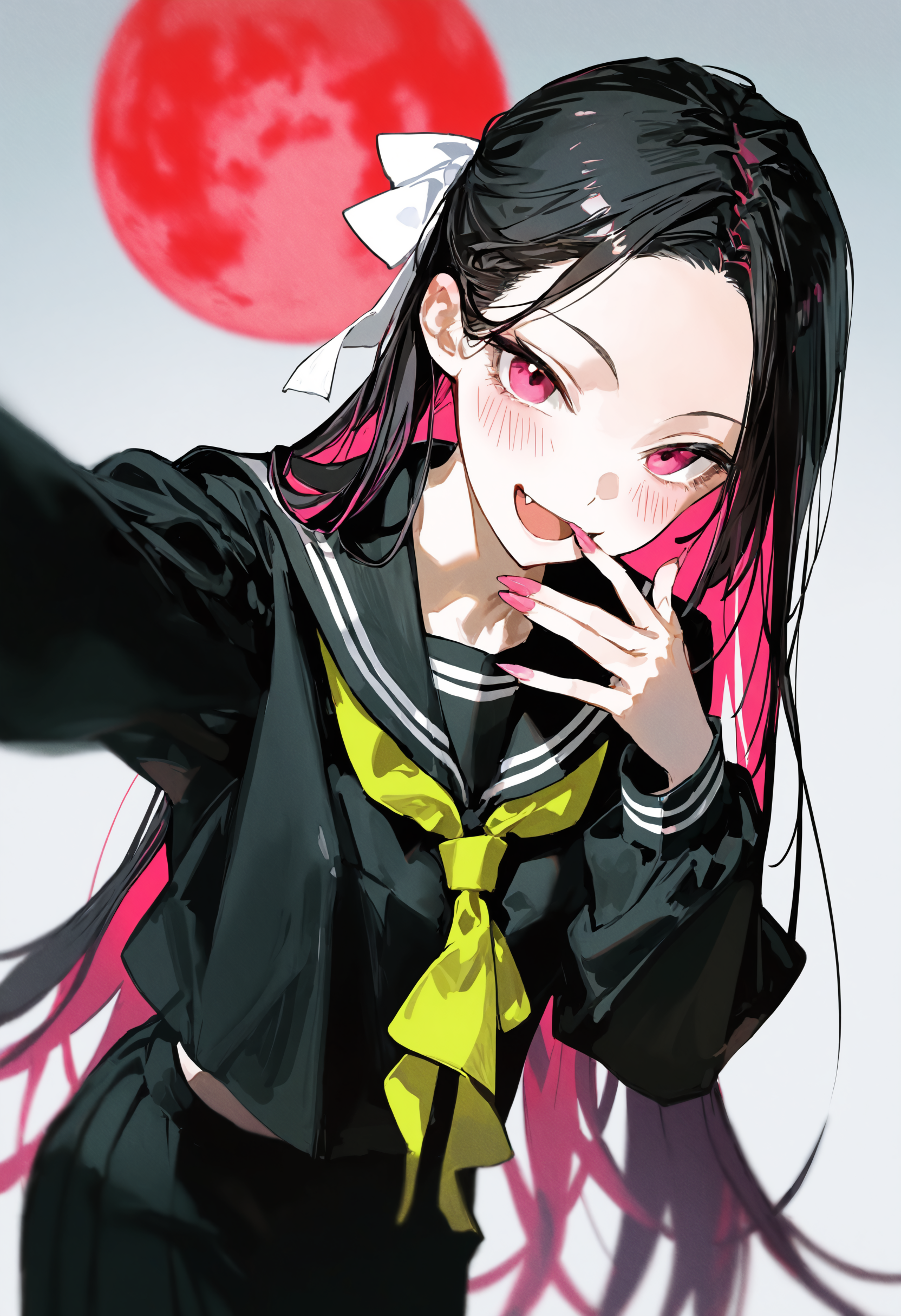 ambient occlusion, depth of field, 1girl, long hair, solo, black hair, neckerchief, school uniform, yellow neckerchief, serafuku, ribbon, pink eyes, long sleeves, black serafuku, looking at viewer, hair ribbon, open mouth, black sailor collar, upper body, sailor collar, forehead, fingernails, white ribbon, black shirt, smile, shirt, very long hair, fangs, fang, circle, japanese flag, blush, pink nails, grey background, green neckerchief, :d, multicolored hair, hand to own mouth, nail polish, sharp fingernails, red moon