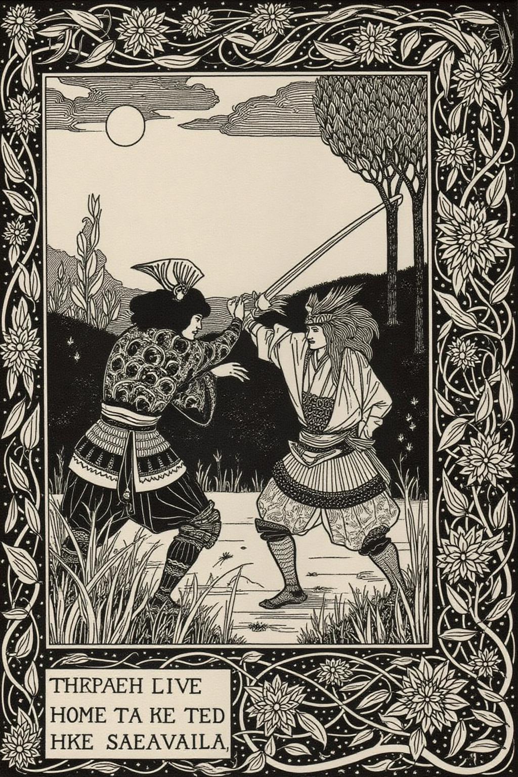 aubea1 illustration. Two samurai dueling at Sundown. Caption text box at bottom left corner says "The dvel" <lora:aubea2_cap_d6a3:1.0><lora:823906939634319614:0>