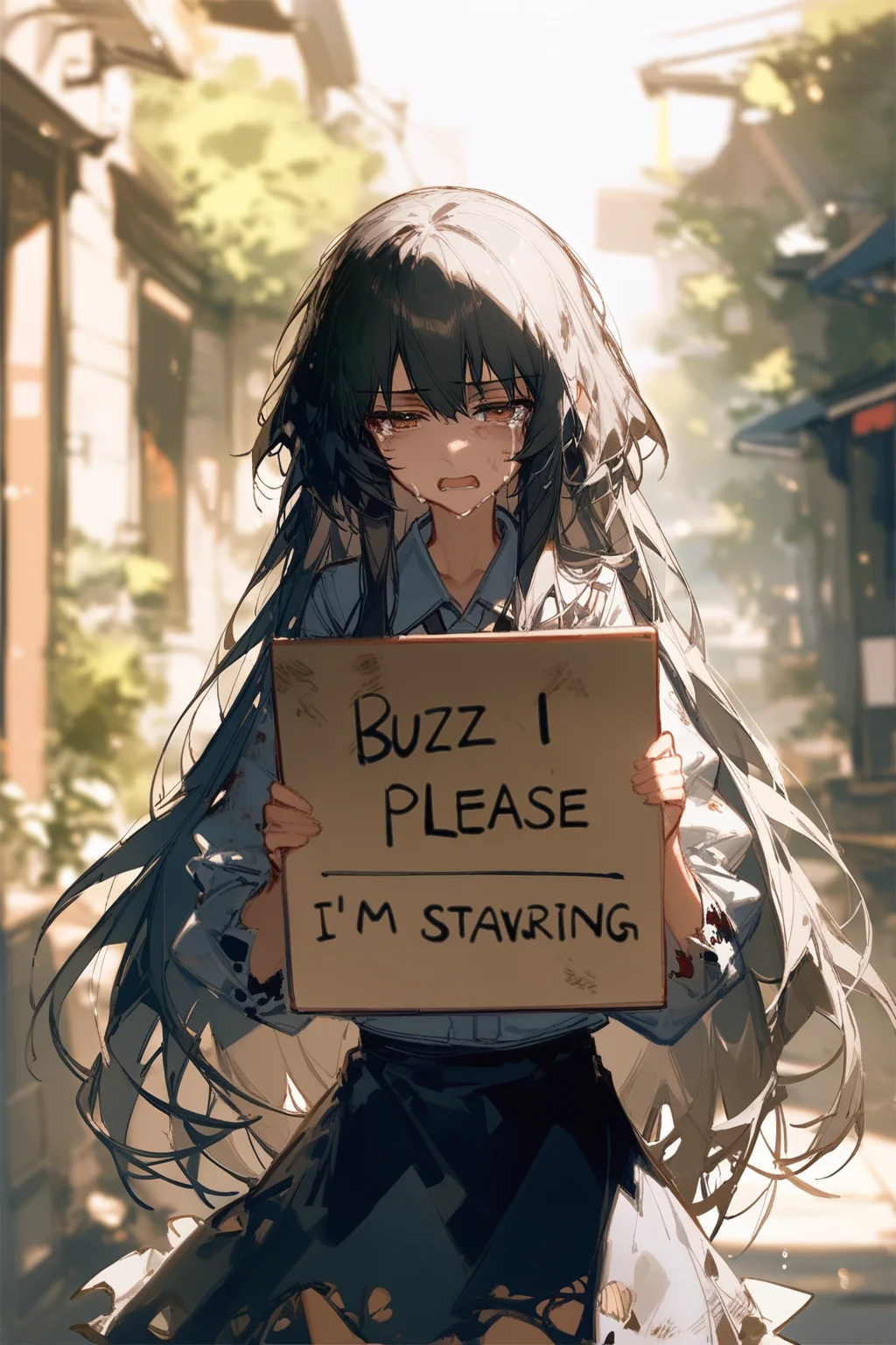masterpiece, best quality, 1girl, solo, yorigami shion, touhou, unkempt, (dirty:1.1), long hair, torn shirt, torn skirt, holding sign, crying, half closed eyes, closed eyes, shouting, sad, anguish, holding a sign that says buzz please I'm starving, by ciloranko, by ask \(askzy\), blurry background, outdoors, <lora:PE_HoldingSign:1>, <lyco:QUASARCAKEXLANI31lokrV42310:0.6>,