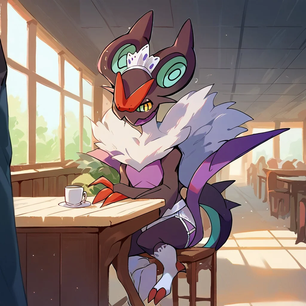 score_9, score_8_up, score_7_up, score_6_up, score_5_up, score_4_up, high quality, hires, (high quality, highres, masterpiece) (high quality, highres, masterpiece), (masterpiece,high quality,8k), source_furry, dof, full-length portrait, sc3nery, cafe, counter, table, chair, window <lora:POKEMON_NOIVERN:1> noivern, pokemon (creature), feral, wing arms, happy, purple maid dress, white socks, underwear, briefs, white underwear, white briefs, sweaty, godrays, cute