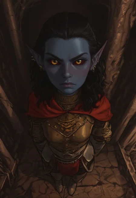 safe_pos, solo, short pointy ears, piercings, nord woman, random elf face, aquiline features, dark elf, weathered skin, large nose, animated realism, Syrian features, torso, subterranean, glowing mushrooms, mushroom forest, cave enviroment, large cavern, gloomy lighting, ancient ruins, interior, dark soil floor ,grey-blue skin, scarlet and gold clothes, medium armor, bone plate armor, ivory straps and fittings, grey wood neckguard, dark red sclera, black pupils, distant mushroom forest, blue-green light, neon, highly detailed, defined features, looking at viewer, three quarters view, from above, dynamic lighting, 36 years old, light and shadows, patterned cloth, determined expression, expressive eyes, detailed medieval clothes, medium_breasts, medium hair, wavy hair, thick hair, beaded hair, braided hair, under cut hair, semirealistic, alien elf, spanish features, jewish features, black hair, dark red hair, umber skin, sharp features, red persian print cloak, nighttime, high detail, absurdres, pretty eyes, detailed eyes, yellow eyes,