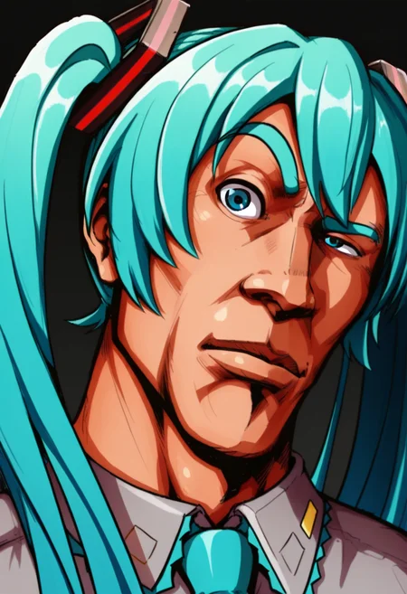 masterpiece, high quality, r0ckbr0w, looking at viewer, raised eyebrow, closed mouth, 1boy, solo, male focus upper body, head tilt, manly, thick eyebrows, hatsune miku,