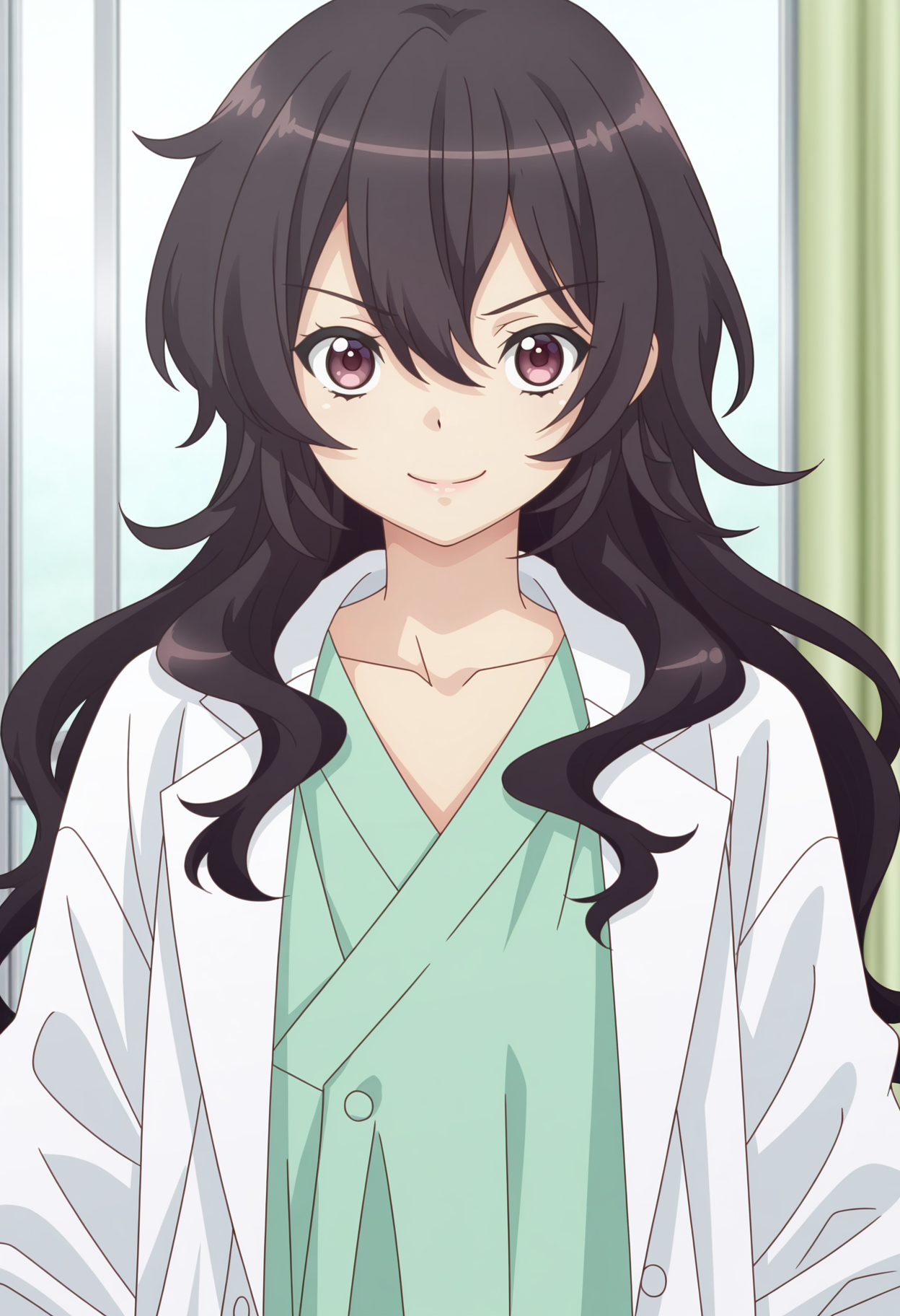 (best quality:1.1),ultra-detailed,high resolution,super detailed skin,beautiful detailed eyes,8k,sharp focus,beautiful,beautiful eyes,anatomically correct,anatomically correct face,extremely detailed eyes,smooth edges,beautiful face,symmetrical eyes,symmetrical face,smile,
AMEKU_TWO,solo,black hair,long hair,green shirt,kimono,hair between eyes,upper body,closed mouth,looking at viewer,lab coat,wavy hair,collarbone,<lora:AMEKU_illustrious-000020:1>