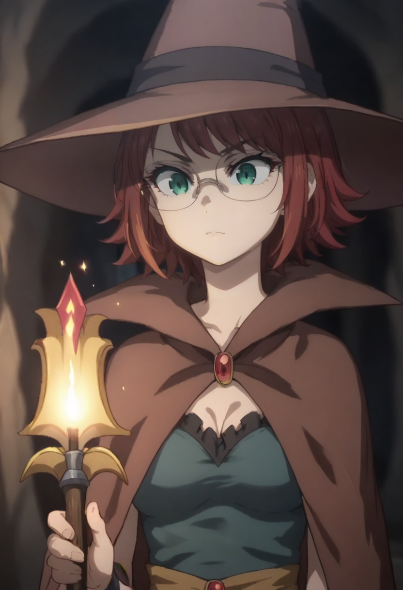<lora:Female_Wizard_Goblin_Slayer:1> , score_9,score_8_up,score_7_up,
 witch hat,  short hair, bangs, wizard , green eyes, glasses,  witch hat, 
holding a torch, in a cave, amazed,