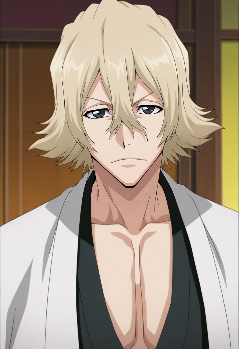 masterpiece, best quality, intricate details, anime screencap, anime coloring, official style, looking at viewer, 1boy, solo, male focus, <lora:kisuke_urahara_ilxl:0.94>, kisuke_urahara, blonde hair, black eyes, short hair, hair between eyes, , , ,