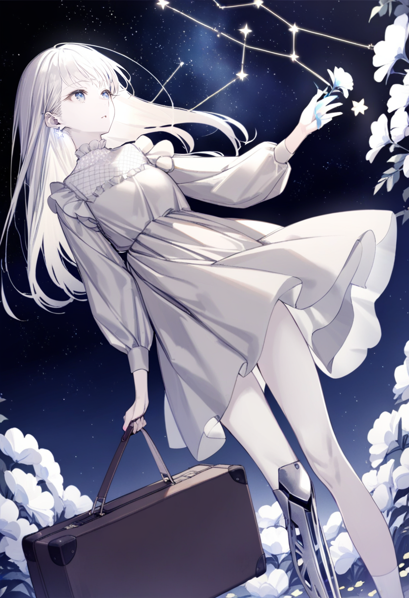 masterpiece, best quality, <lora:yoggiXL_ANI31_lokr_V43P1:0.95>  1girl, dress, solo, flower, blue eyes, constellation, long hair, white dress, star \(sky\), holding, suitcase, petals, long sleeves, sky, prosthetic leg, white hair, starry sky, white flower, hand up, night, parted lips, socks, night sky, standing, prosthesis, dutch angle, briefcase, grey dress, pale skin, frills, earrings, holding suitcase, jewelry, puffy long sleeves